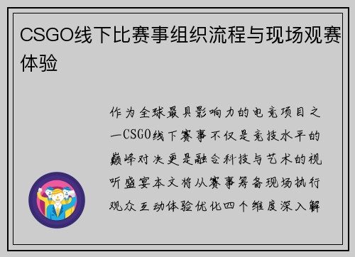 CSGO线下比赛事组织流程与现场观赛体验