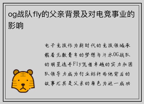 og战队fly的父亲背景及对电竞事业的影响