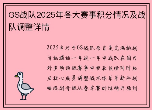 GS战队2025年各大赛事积分情况及战队调整详情